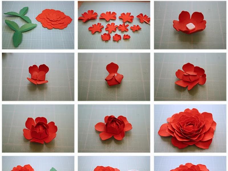 Do-it-yourself voluminous paper flowers on the wall to decorate the room using templates